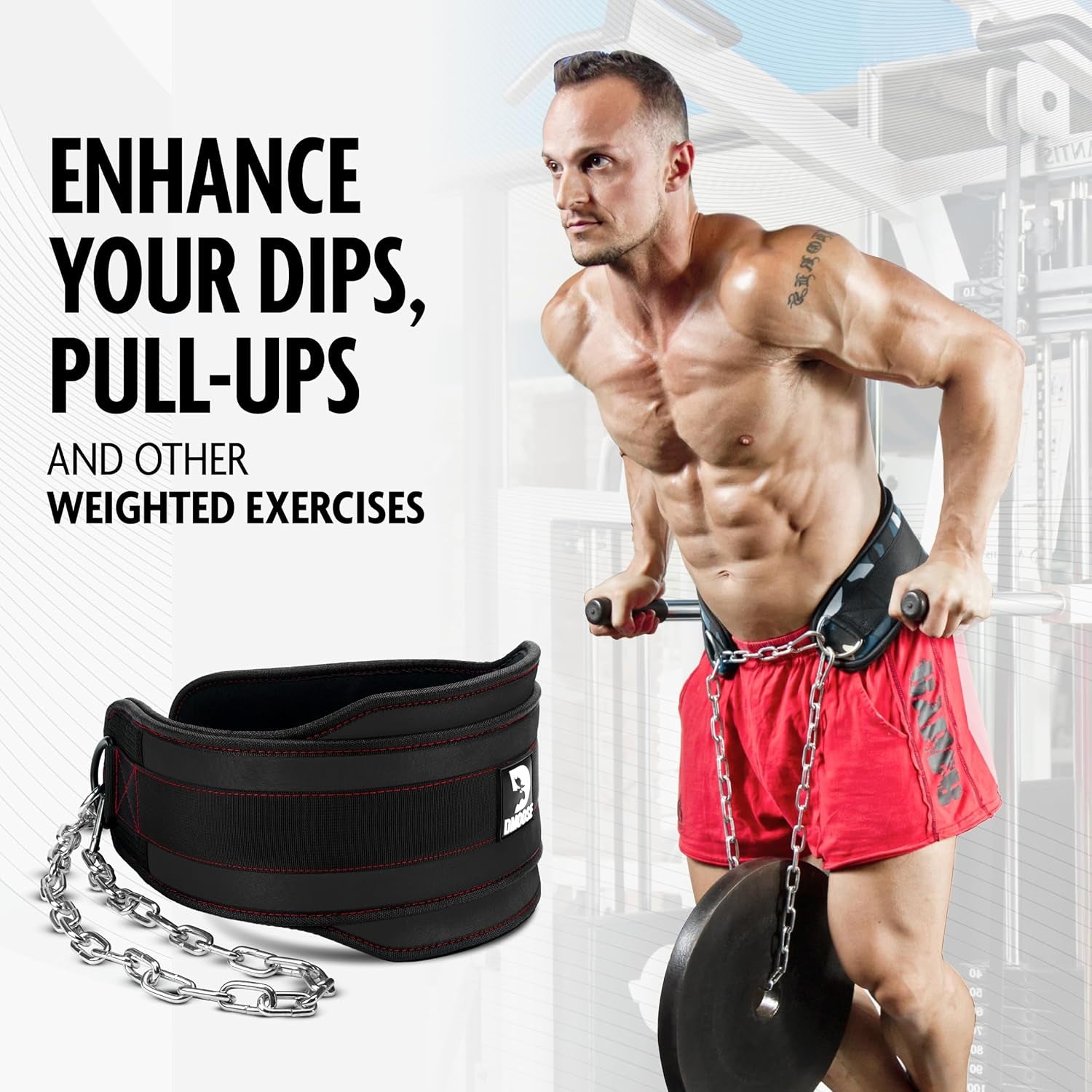 Dip Belt for Weightlifting, Weight Belt with Chain for Pullup, Gym Lifting Belt for Powerlifting, Squat, Bodybuilding, Heavy Duty Steel, Workout Belt with Comfortable Neoprene Support